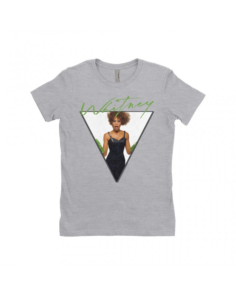 Whitney Houston Ladies' Boyfriend T-Shirt | 1987 Green Glove Photo Triangle Design Shirt $6.35 Shirts