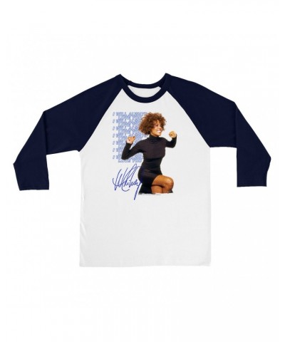 Whitney Houston 3/4 Sleeve Baseball Tee | I Will Always Love You Blue Repeating Image Distressed Shirt $8.63 Shirts