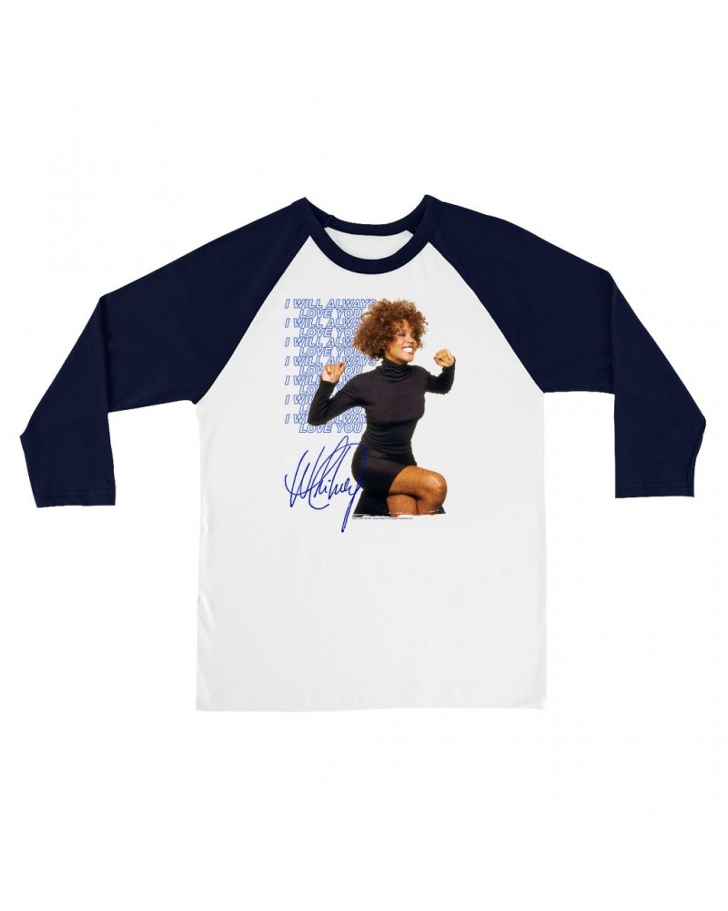 Whitney Houston 3/4 Sleeve Baseball Tee | I Will Always Love You Blue Repeating Image Distressed Shirt $8.63 Shirts