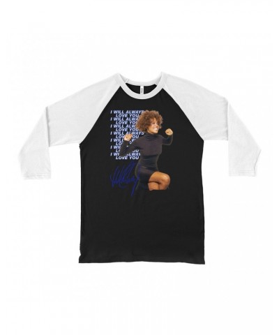 Whitney Houston 3/4 Sleeve Baseball Tee | I Will Always Love You Blue Repeating Image Distressed Shirt $8.63 Shirts