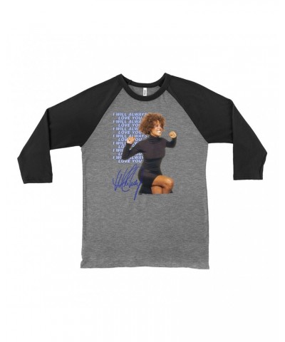 Whitney Houston 3/4 Sleeve Baseball Tee | I Will Always Love You Blue Repeating Image Distressed Shirt $8.63 Shirts