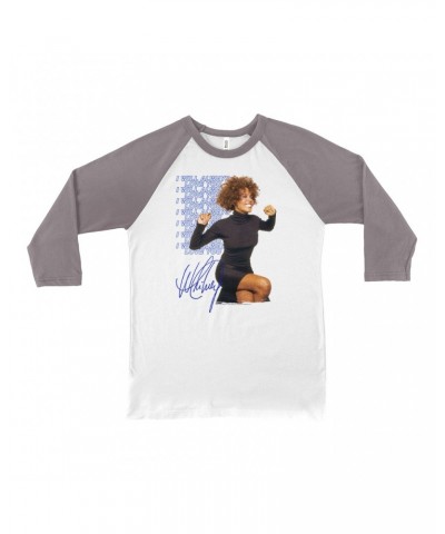 Whitney Houston 3/4 Sleeve Baseball Tee | I Will Always Love You Blue Repeating Image Distressed Shirt $8.63 Shirts