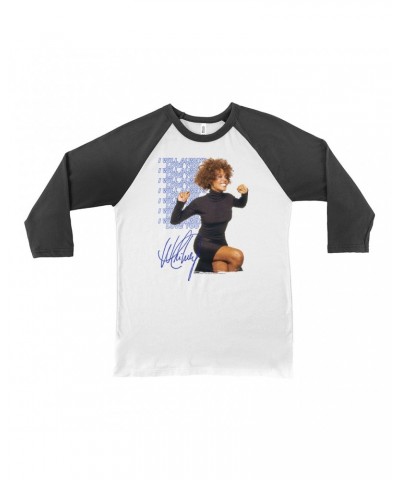 Whitney Houston 3/4 Sleeve Baseball Tee | I Will Always Love You Blue Repeating Image Distressed Shirt $8.63 Shirts